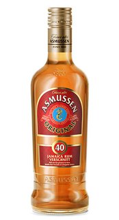 Eine Flasche Asmussen Original Rum mit einem goldenen Farbton und einem auffälligen Etikett, das die Herkunft aus Jamaika betont.