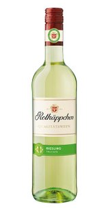 Eine Flasche Rotkäppchen Riesling, die in einem eleganten Design präsentiert wird, mit einem grünen Etikett und rotem Verschluss.