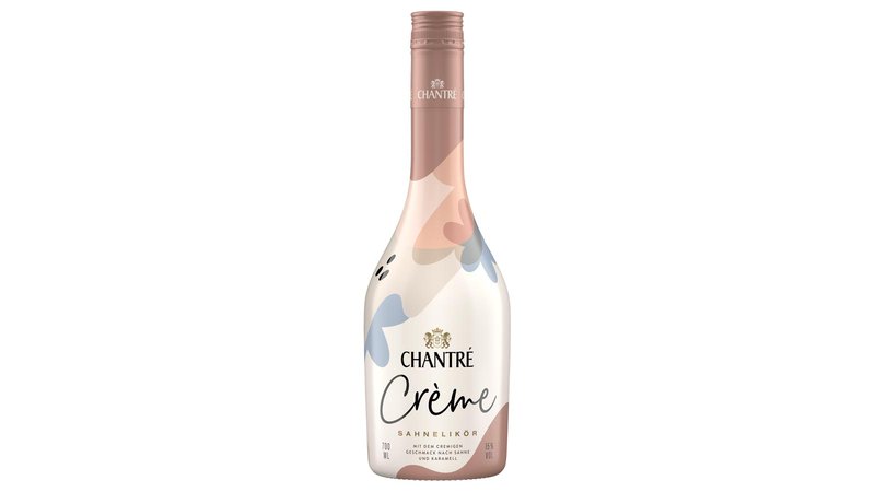 Eine elegante Flasche Sahnelikör mit einem modernen, farbenfrohen Design und dem Schriftzug 'CHANTRÉ Crème'.