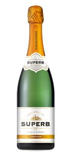 Eine elegante Flasche Sekt mit goldener Kapsel und dem Schriftzug 'SUPERB' auf dem Etikett, ideal für festliche Anlässe.