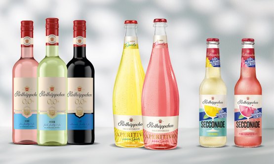Flaschenabbildungen Rotkäppchen Neuprodukte vor grauem Hintergrund: Rotkäppchen Wein Alkoholfrei (rosé, weiß, rot), Fruchtsecco Aperitivo Lemon & Rosa Spritz und Secconade 0,0 Zitrone und Pink Grapefruit