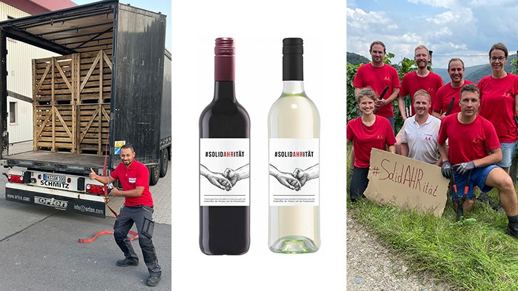 Eine Gruppe von sechs Personen in roten Shirts posiert fröhlich im Freien, während sie ein Schild mit '#SolidARität' halten.