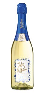 The elegant sparkling wine from Jules Mumm features a stylish bottle with a blue label and the word 'dry'.