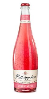 Eine Flasche Rotkäppchen Fruchtsecco in Granatapfelgeschmack, sprudelnd und erfrischend, mit einem roten Korken.