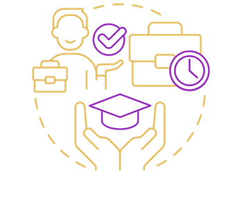 A person with a briefcase and a graduation cap, surrounded by symbols of success and time.