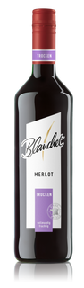 Eine elegante Flasche Rotwein von Blanchet mit einem roten Korken und einem klaren Etikett, das die Sorte Merlot und den Hinweis 'trocken' zeigt.