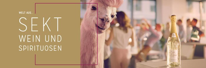 Lustiges Lama mit pinker Mähne und Sektflasche