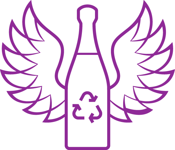 An iconic design of a bottle surrounded by wings symbolizes protecting the environment through recycling.