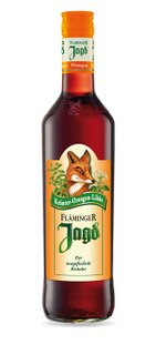Das Etikett des Fläminger Jagd Likörs zeigt frische Kräuter und einen stilisierten Fuchs, der die Natur symbolisiert.