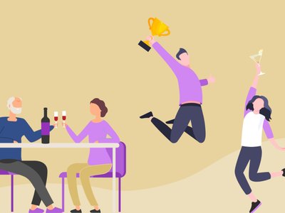 Illustration von Menschen, die feiern: zwei sitzen mit Wein, zwei springen mit Pokal und Cocktailglas.