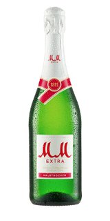 Die Flasche zeigt ein elegantes Design mit rotem Etikett und der Aufschrift 'MM Extra Halbtrocken' in auffälliger Schrift.