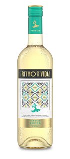 Eine stilvolle Flasche mit Verdejo-Wein, die mit einem auffälligen, farbenfrohen Design und dem Schriftzug '¡RITMO DE LA VIDA!' versehen ist.
