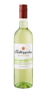 Eine Flasche Rotkäppchen Riesling, alkoholfrei, mit einem frischen, feuchten Aussehen und einem roten Schraubverschluss.