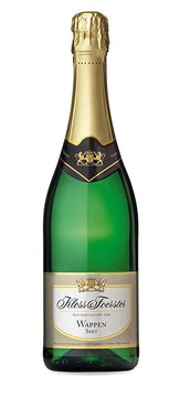 Eine elegante Flasche Sekt mit goldener Kapsel und grünem Glas, beschriftet mit 'Kloss Foerster Wappen Sekt'.