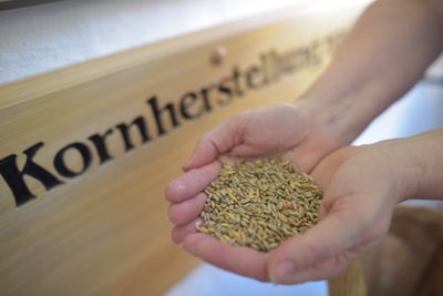 Eine Person hält eine Handvoll Körner, während im Hintergrund ein Schild mit der Aufschrift 'Kornherstellung' sichtbar ist.
