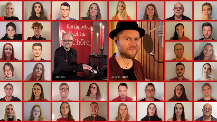 Eine Gruppe von Sängern in roten und schwarzen Outfits, die in einem virtuellen Chor zusammenkommen, um ein Lied zu präsentieren.