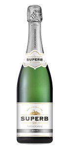 An elegant bottle of sparkling wine with the label 'SUPERB', designed in a bright, modern style.
