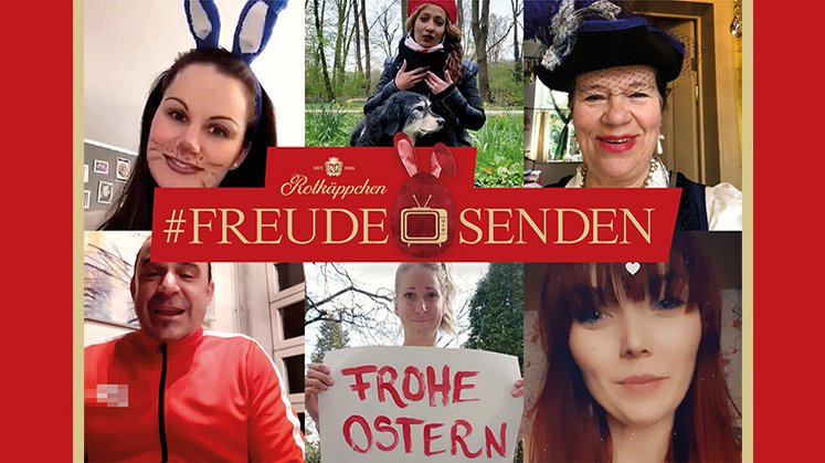 In der Mitte der Collage steht der Schriftzug '#FREUDE SENDEN', umgeben von fröhlichen Gesichtern und festlichen Outfits.