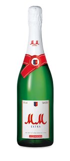 A bottle of sparkling wine with a green glass and a red label, bearing the name 'MM EXTRA', stands on a white background.