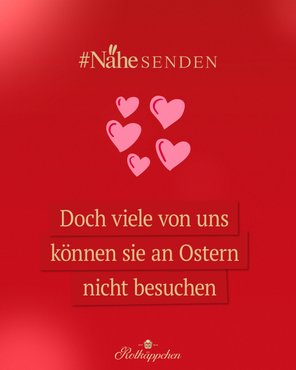 Ein roter Hintergrund mit dem Text '#NäheSENDEN' und mehreren pinken Herzen, die eine emotionale Botschaft vermitteln.