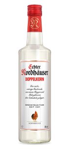 Eine Flasche Echter Nordhäuser Doppel-korn steht aufrecht, mit einem klaren, transparenten Inhalt und einem roten Deckel.