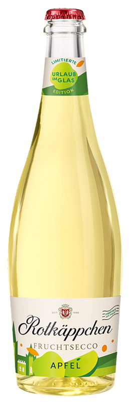 A bottle of Rotkäppchen apple-flavored fruit secco, decorated with a red crown cap and cheerful colors.