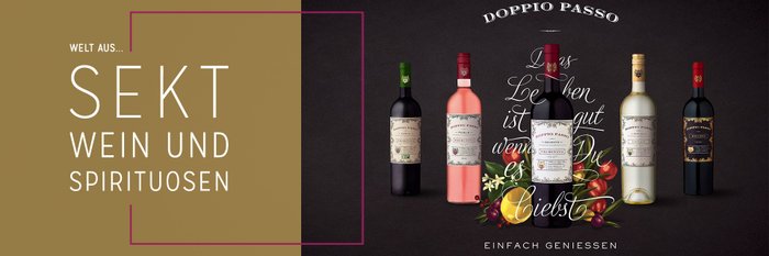 An elegant design with various wine bottles and the lettering 'World of sparkling wine, wine and spirits'.