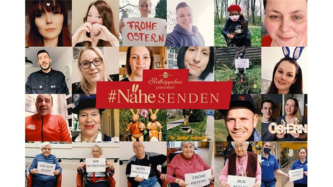 Eine Collage von Menschen, die fröhlich mit Schildern 'Frohe Ostern' und anderen Botschaften posieren.