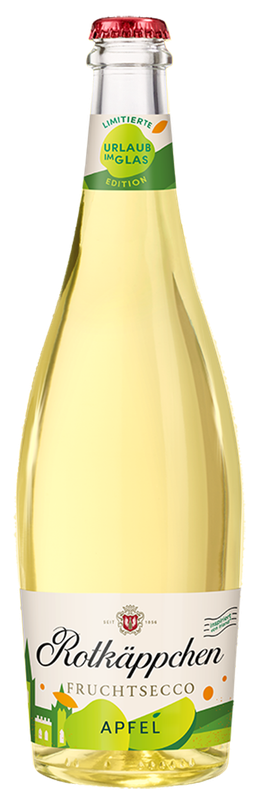 A bottle of Rotkäppchen apple-flavored fruit secco, decorated with a red crown cap and cheerful colors.