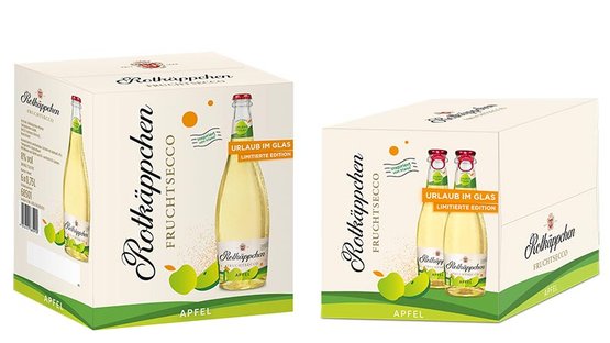 Zwei Verpackungen von Rotkäppchen Fruchtsecco in der Geschmacksrichtung Apfel, mit fröhlichem Design und limitierten Aufklebern.