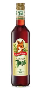 Fläminger Jagd Kräuter-Bitter in an elegant bottle featuring an appealing design with a fox and herbs.