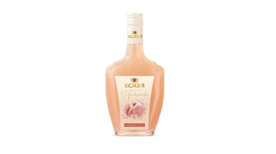 Die Flasche zeigt ein ansprechendes Design mit einer Pfirsichabbildung und dem Schriftzug 'Eckes Weisser Pfirsich'.
