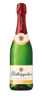 A bottle of Rotkäppchen sparkling wine with a red cork and green label, looking fresh and sparkling.
