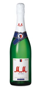 A green sparkling wine bottle with an elegant label and blue ribbon bearing the name 'MM EXTRA'.