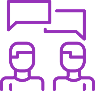 Two stylized figures face each other and appear to be communicating with each other, surrounded by speech bubbles.