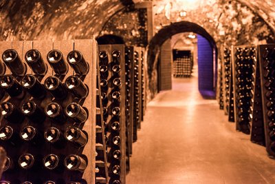 Ein langer, schmaler Weinkeller mit Regalen voller dunkler Flaschen, die in warmem Licht schimmern.
