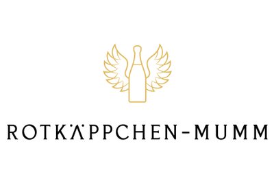 Ein elegantes Logo mit einer Flasche und goldenen Flügeln, das die Marke Rotkäppchen-Mumm repräsentiert.