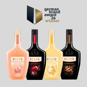 ECKES Weißer Pfirsich, ECKES Kirschlikör, ECKES Eierlikör und ECKES Kaffeelikör unter dem Logo "German Brand Award"