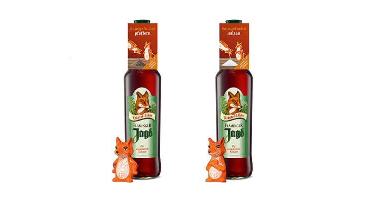 Die Flaschen zeigen ein frisches Design mit einem Fuchs, das die Marke 'Flaminger Jagd' repräsentiert.