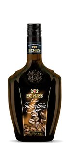 Eine elegante Flasche Eckes Edler Kaffeelikör, die mit Kaffeebohnen und goldenen Akzenten verziert ist.