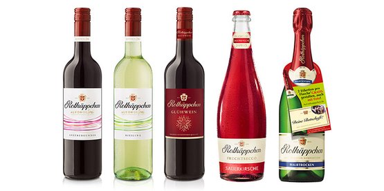 Die Abbildung zeigt verschiedene Weinsorten, darunter Glühwein und Fruchtsecco, alle in eleganten Flaschen.