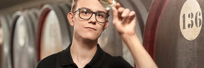 A young wine expert carefully examines the wine in his glass while standing in a traditional wine cellar.