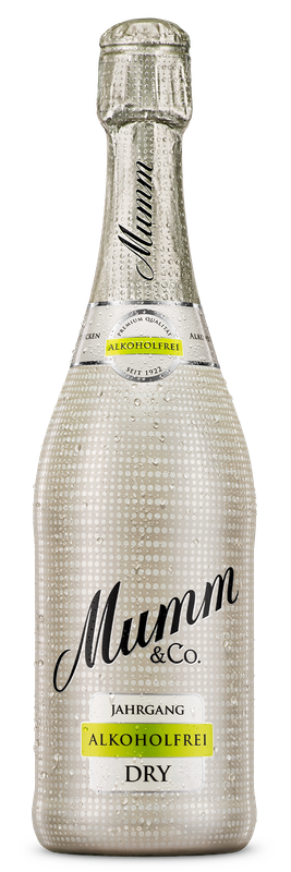 A bottle of Mumm sparkling wine, alcohol-free, with water drops on the surface, symbolizing freshness and quality.