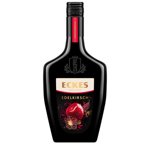 Eine elegante Flasche mit schwarzem Design, die den Kirschlikör 'Eckes Edelkirsch' präsentiert, verziert mit floralen Motiven.