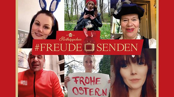 In der Mitte der Collage steht der Schriftzug '#FREUDE SENDEN', umgeben von fröhlichen Gesichtern und festlichen Outfits.