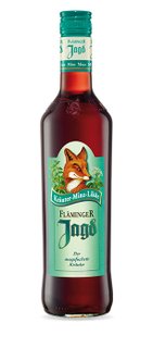 Eine Flasche Fläminger Jagd Kräuter-Minz-Likör mit einem auffälligen Fuchs-Design auf dem Etikett.