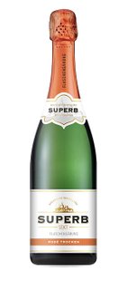 Eine Flasche rosé Sekt mit dem Etikett 'SUPERB', elegant und ansprechend, ideal für festliche Anlässe.