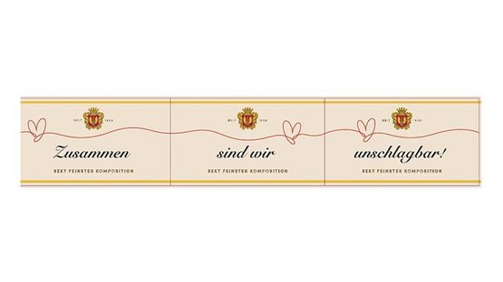 Ein elegantes Etiketten-Design mit den Worten 'Zusammen sind wir unschlagbar' und einem Wappen in der Mitte.