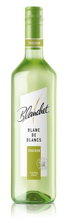 Eine grüne Flasche mit dem Etikett 'Blanchet Blanc de Blancs Trocken', die fruchtige Frische verspricht.