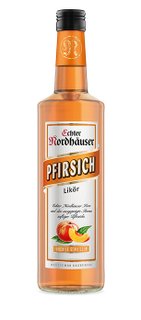 Ein ansprechendes Flaschendesign mit dem Schriftzug 'Echter Nordhäuser' und einem frischen Pfirsichmotiv auf dem Etikett.